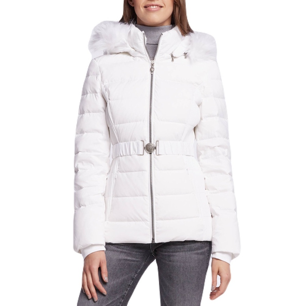 Guess Claudia Down Puffer Jacket with Detachable Faux Fur Hood, White, XXS